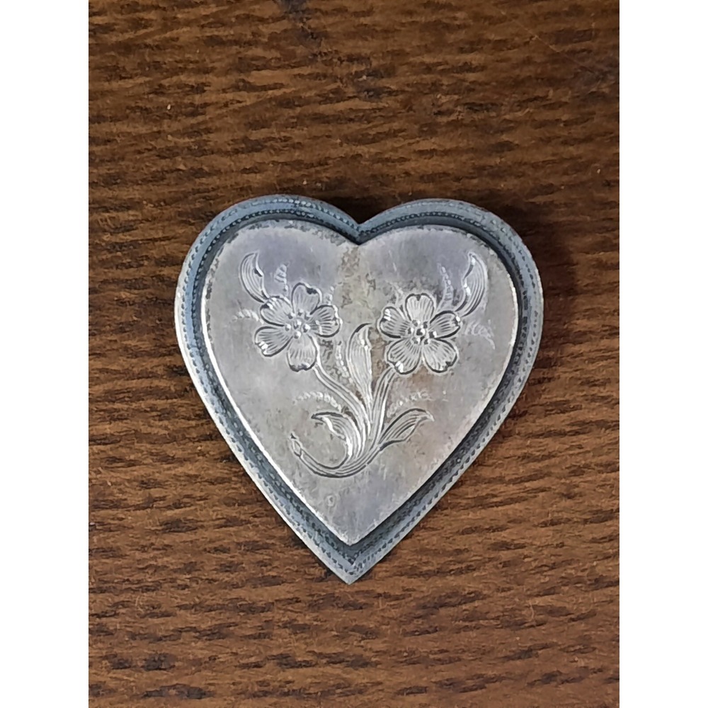 Vintage E. Byrne Livingston Sterling Silver Etched Flowers Heart Brooch Rare